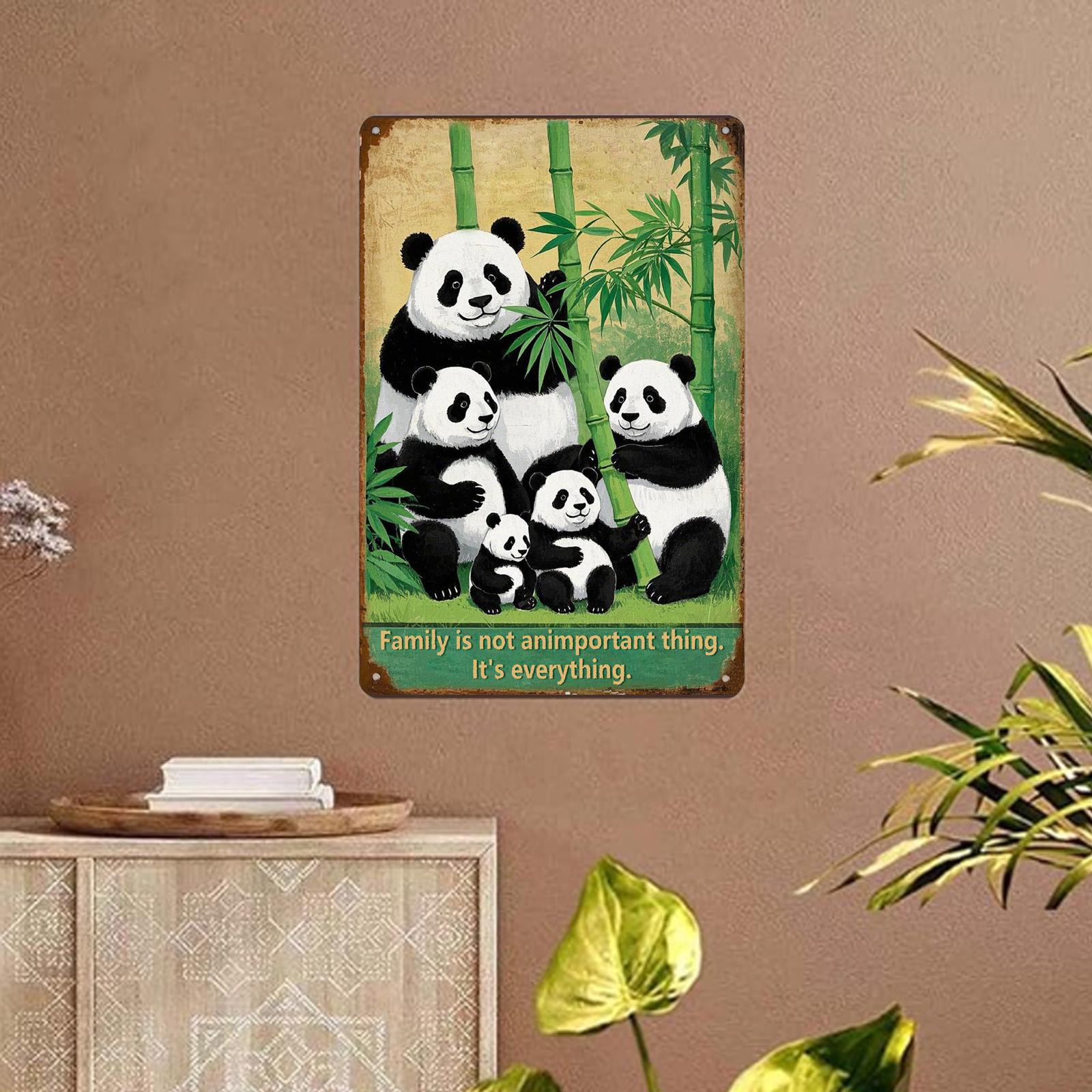Panda Family Metal Sign: Vintage Bamboo Wall Art Decor (8x12)