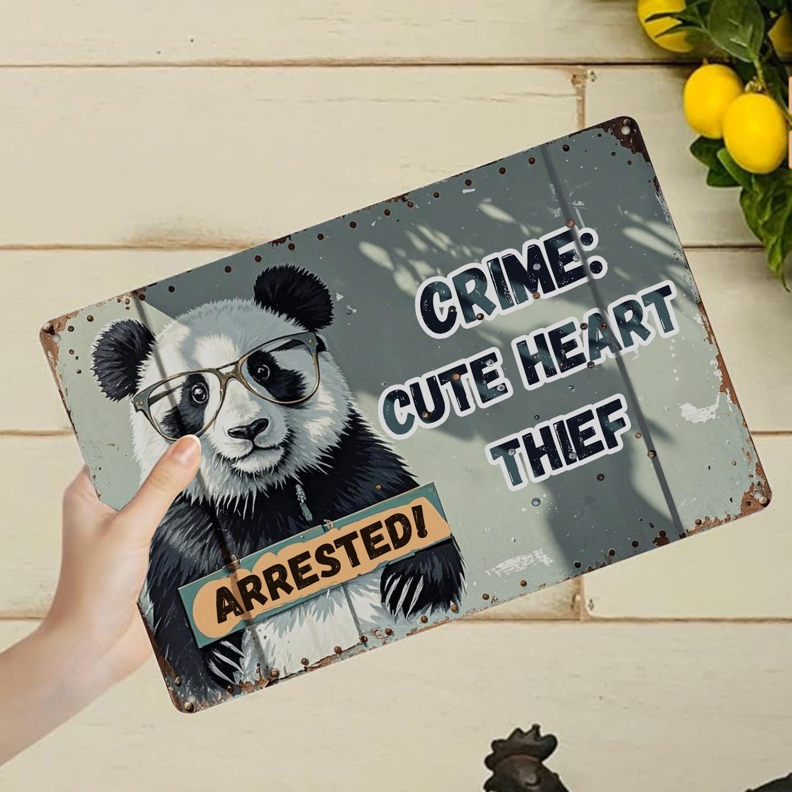 Funny Panda Metal Sign: Vintage Heart Thief Wall Decor