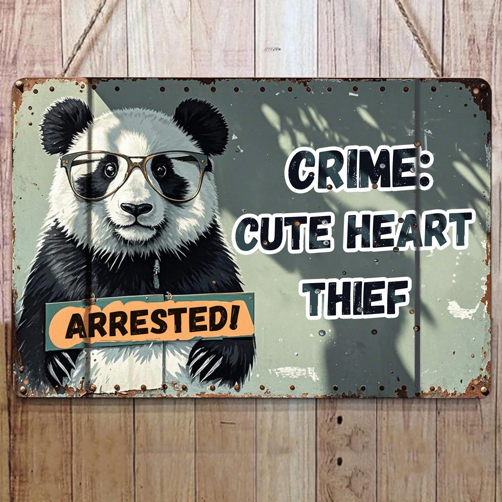 Funny Panda Metal Sign: Vintage Heart Thief Wall Decor