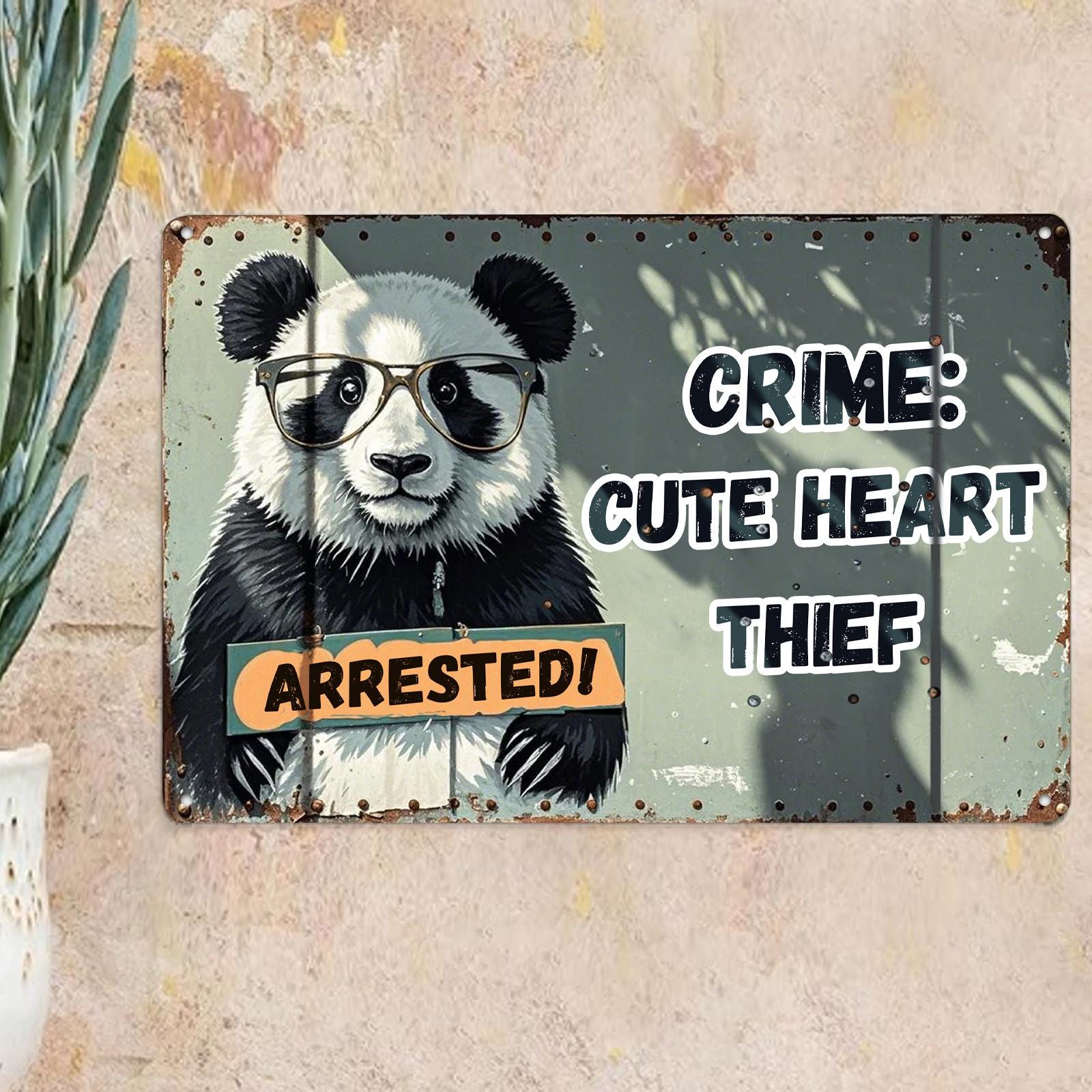 Funny Panda Metal Sign: Vintage Heart Thief Wall Decor