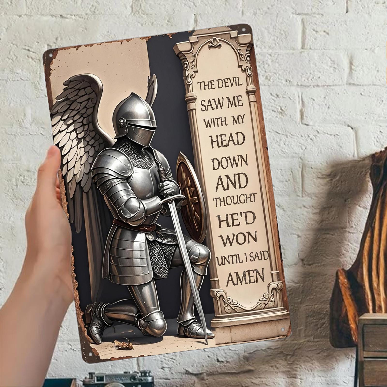 Christian Knight Prayer Metal Sign - Religious Faith Inspirational Decor