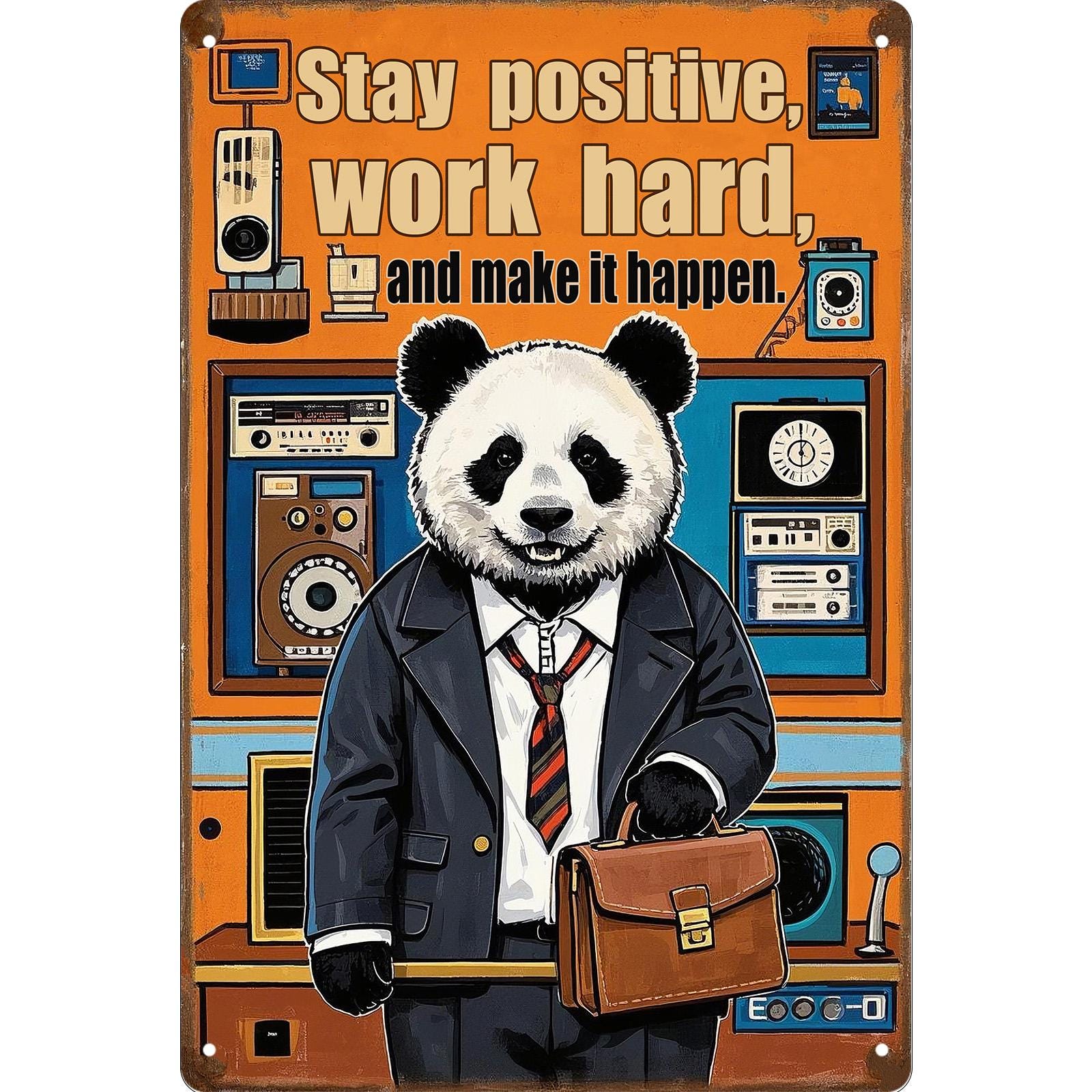 Motivational Panda Metal Sign: Retro Office Decor