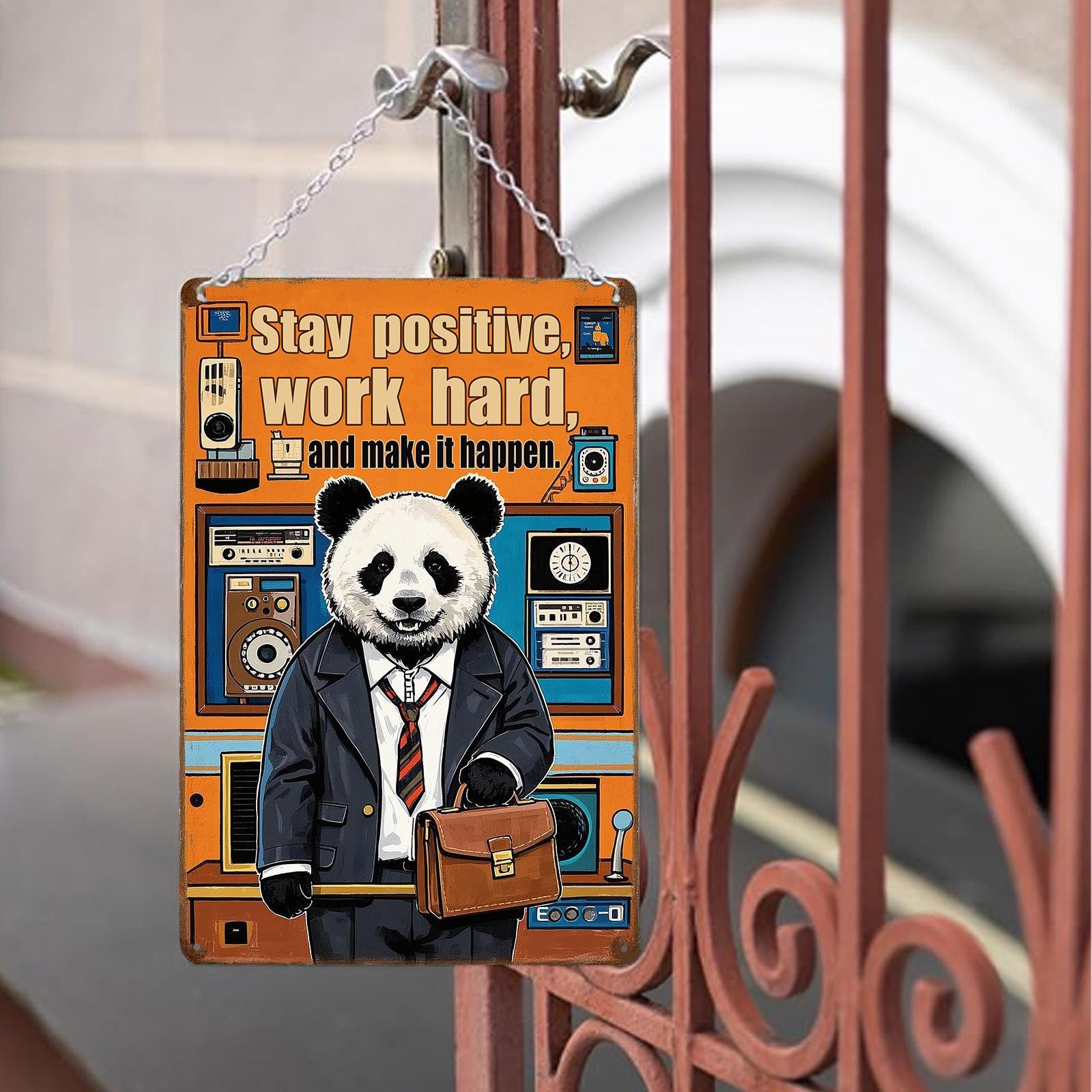 Motivational Panda Metal Sign: Retro Office Decor