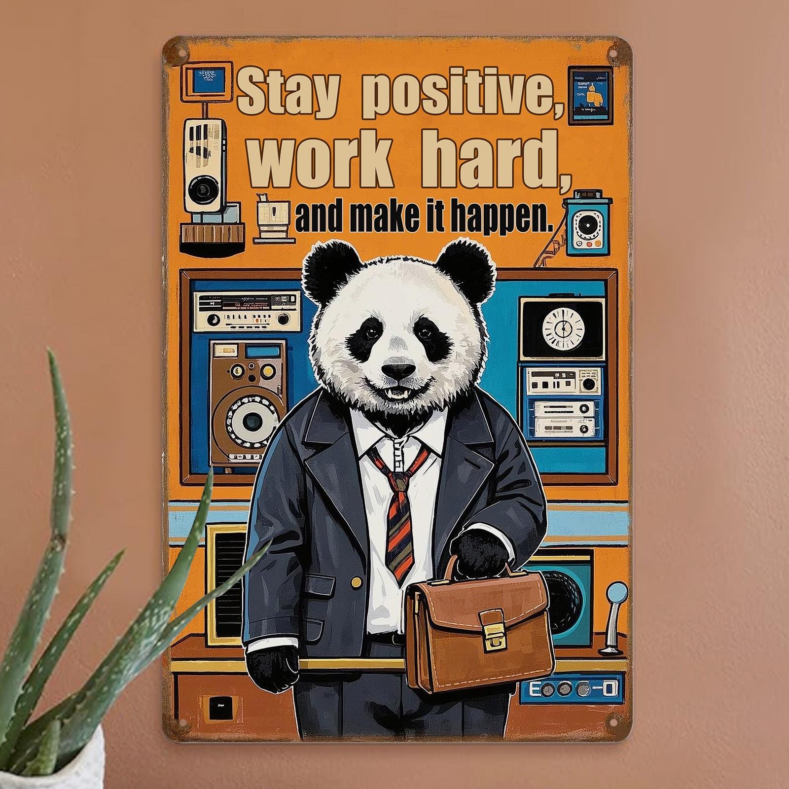 Motivational Panda Metal Sign: Retro Office Decor