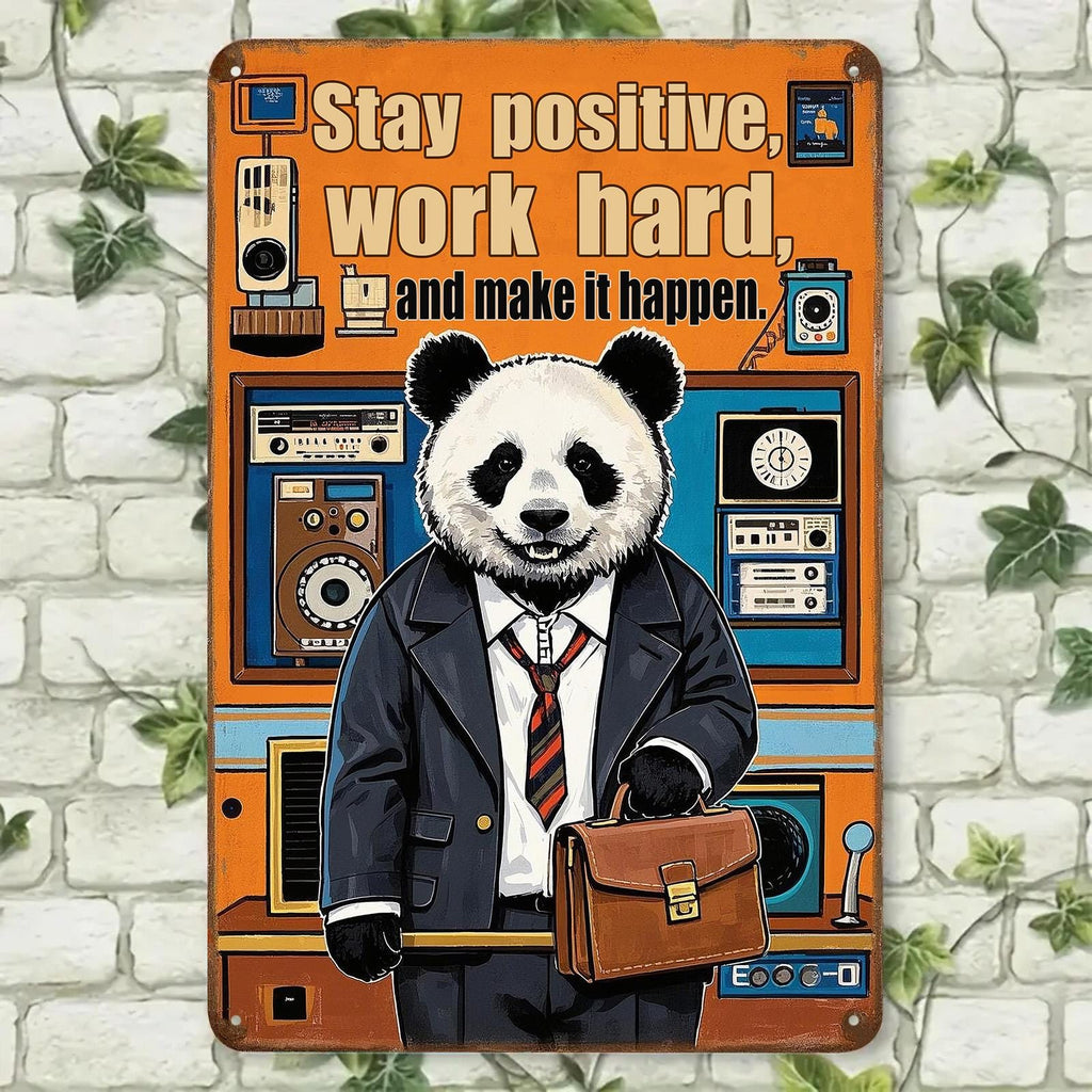 Motivational Panda Metal Sign: Retro Office Decor