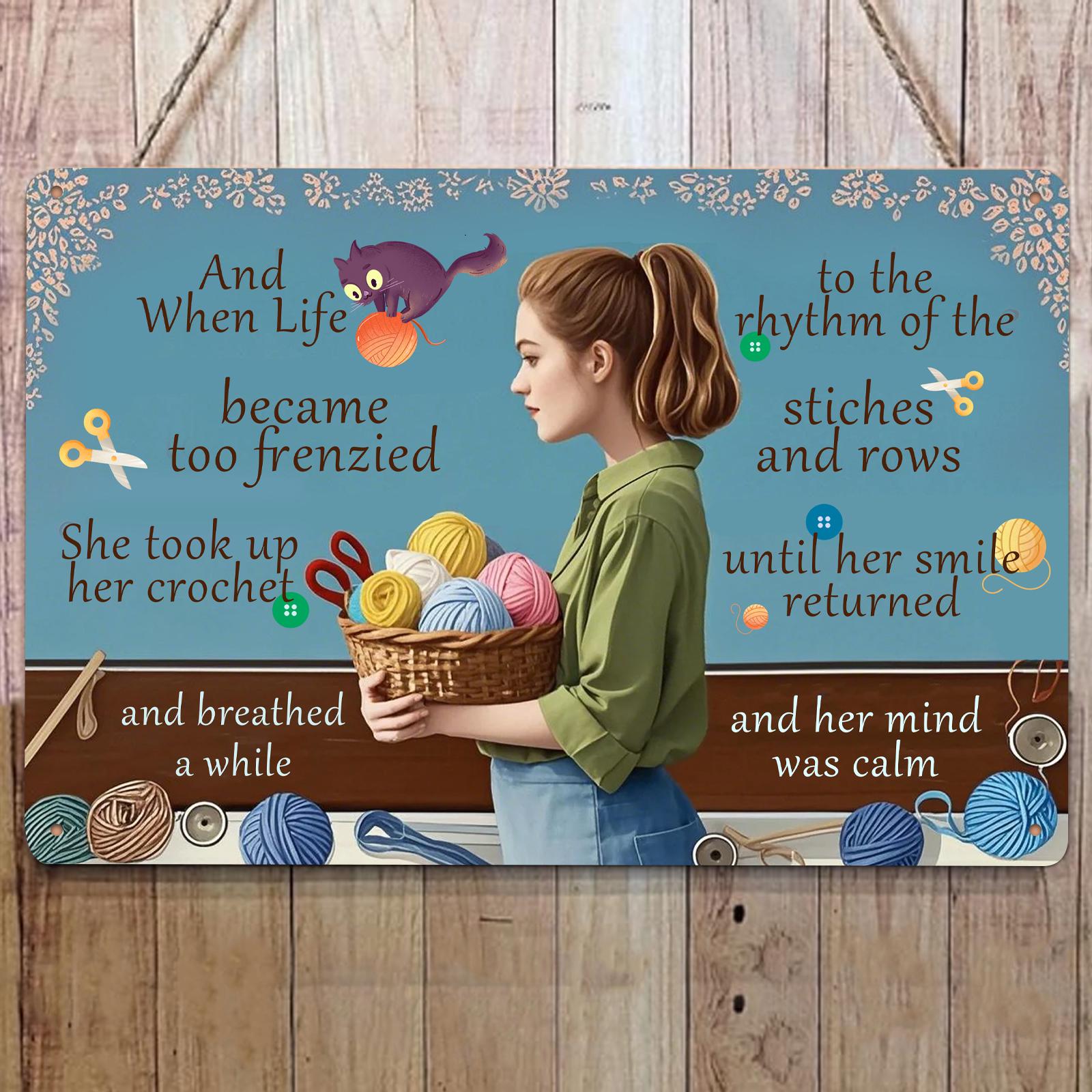 Crochet Metal Sign: Yarn Basket Woman Wall Art - Craft Room Decor