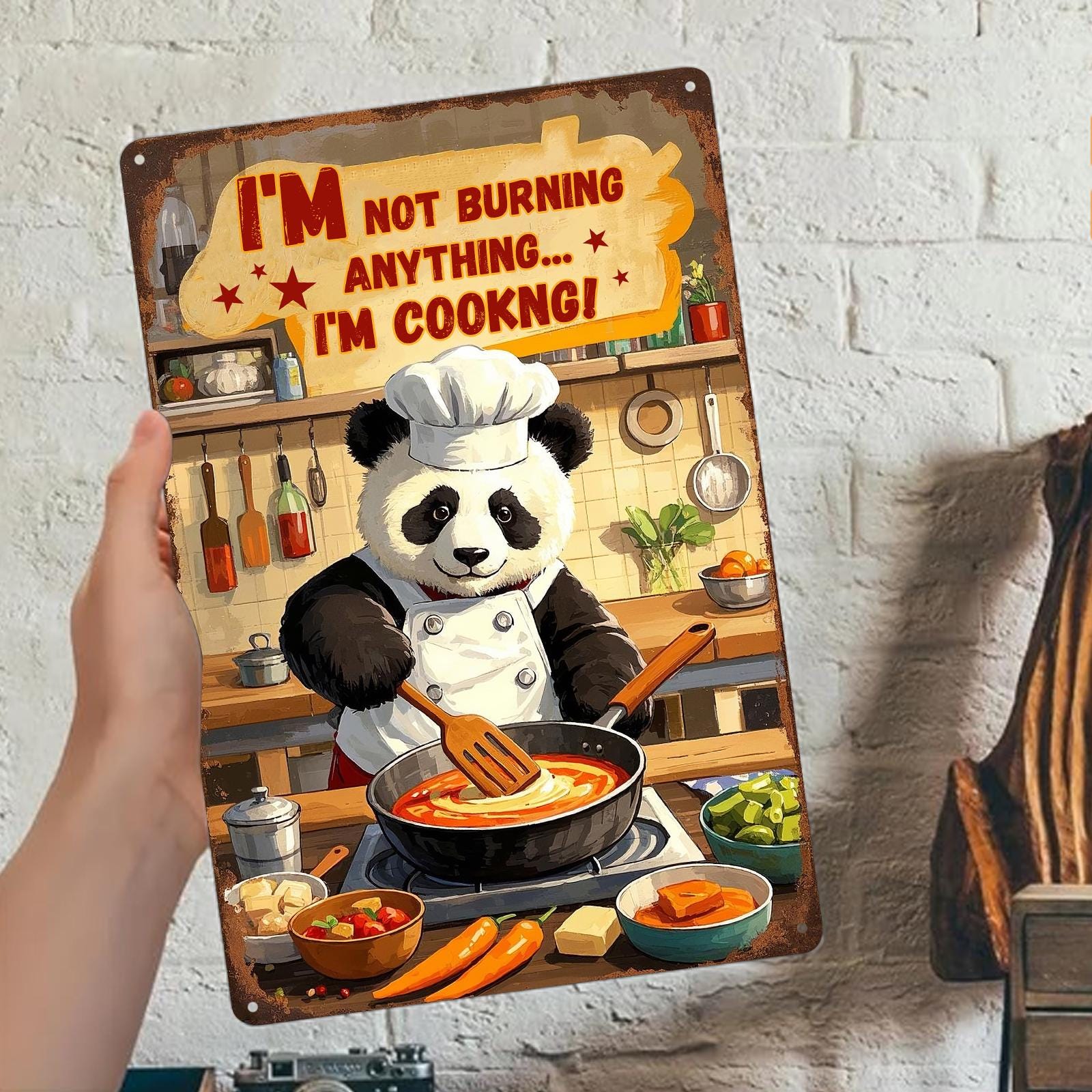 Panda Chef Metal Sign: Funny Kitchen Wall Decor, Retro Tin Art