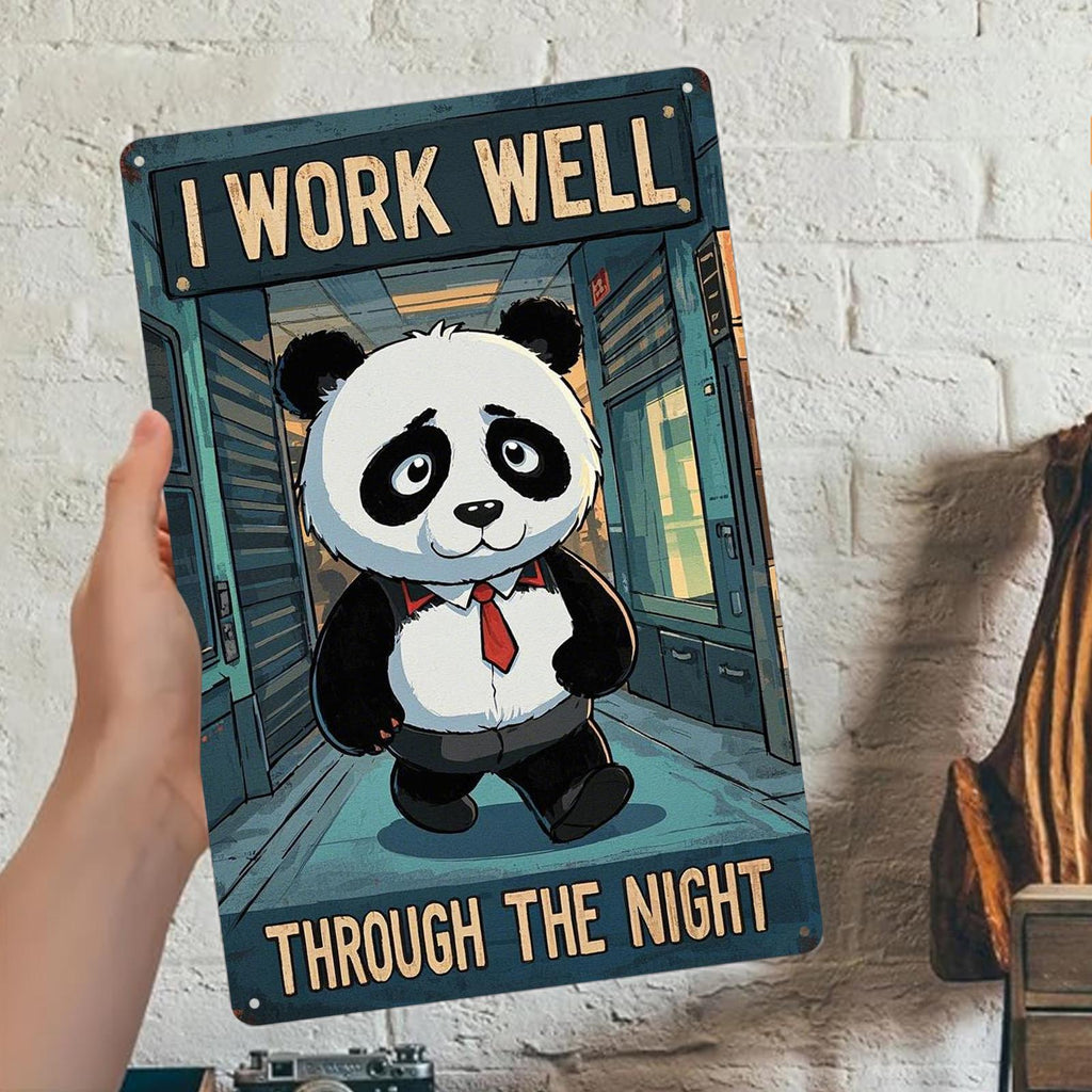 Panda arbeitet die Nacht durch Metallschild | Dekoration im Vintage-Stil