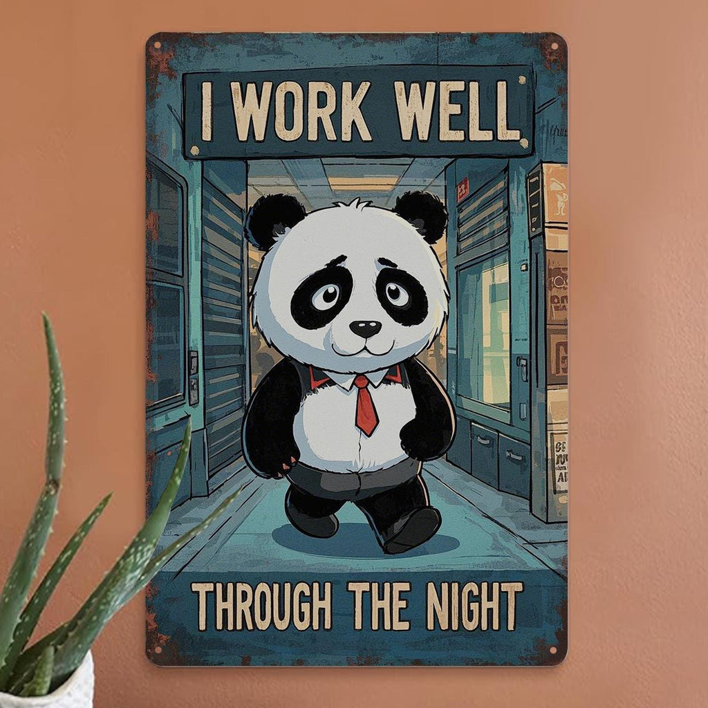 Panda arbeitet die Nacht durch Metallschild | Dekoration im Vintage-Stil