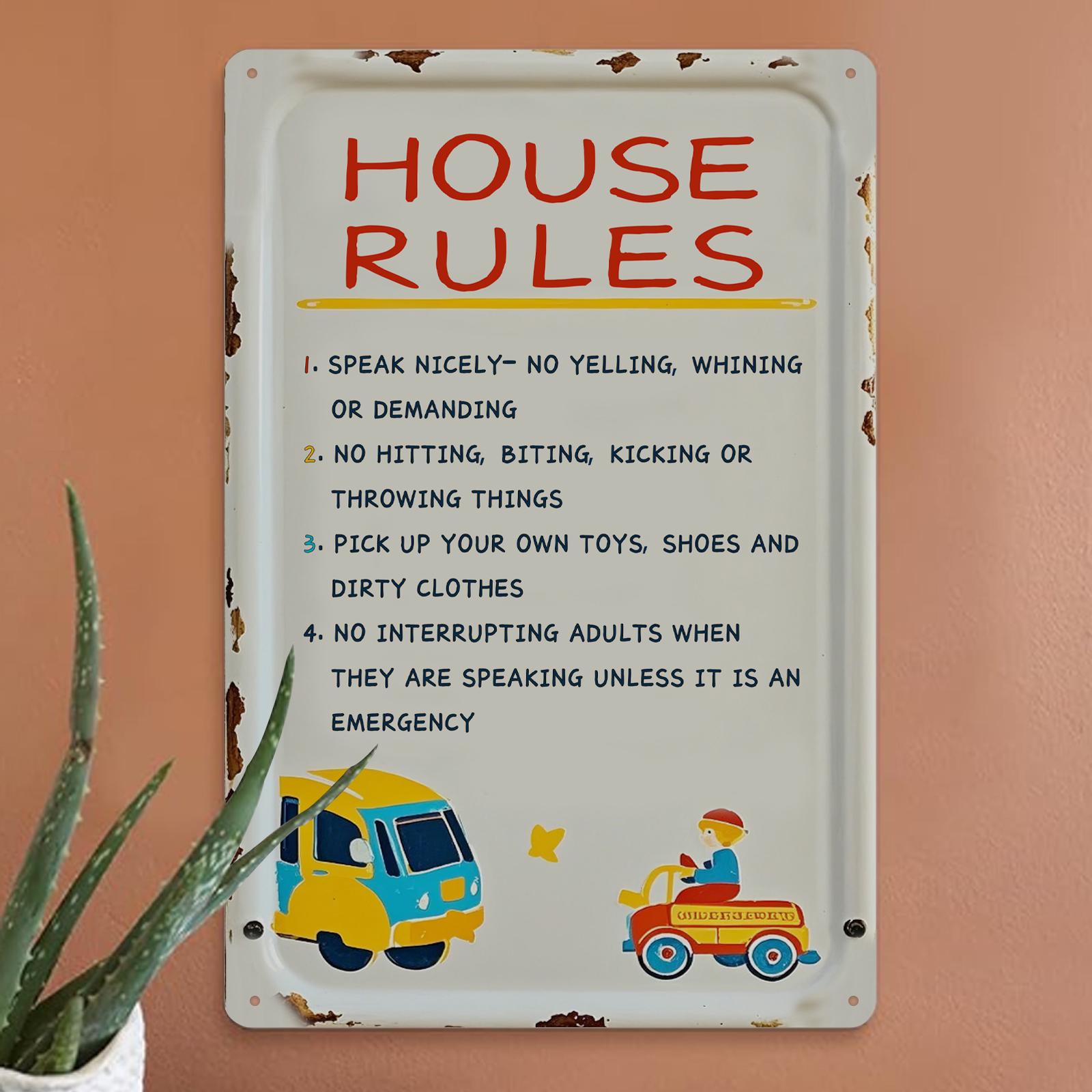 Cartoon Style House Rules Metal Sign: Kids Room Decor