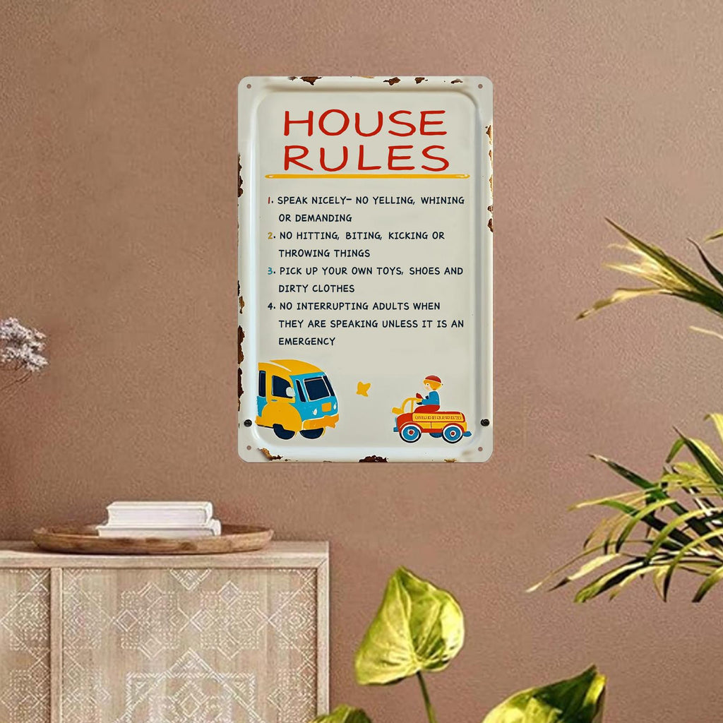 Cartoon Style House Rules Metal Sign: Kids Room Decor