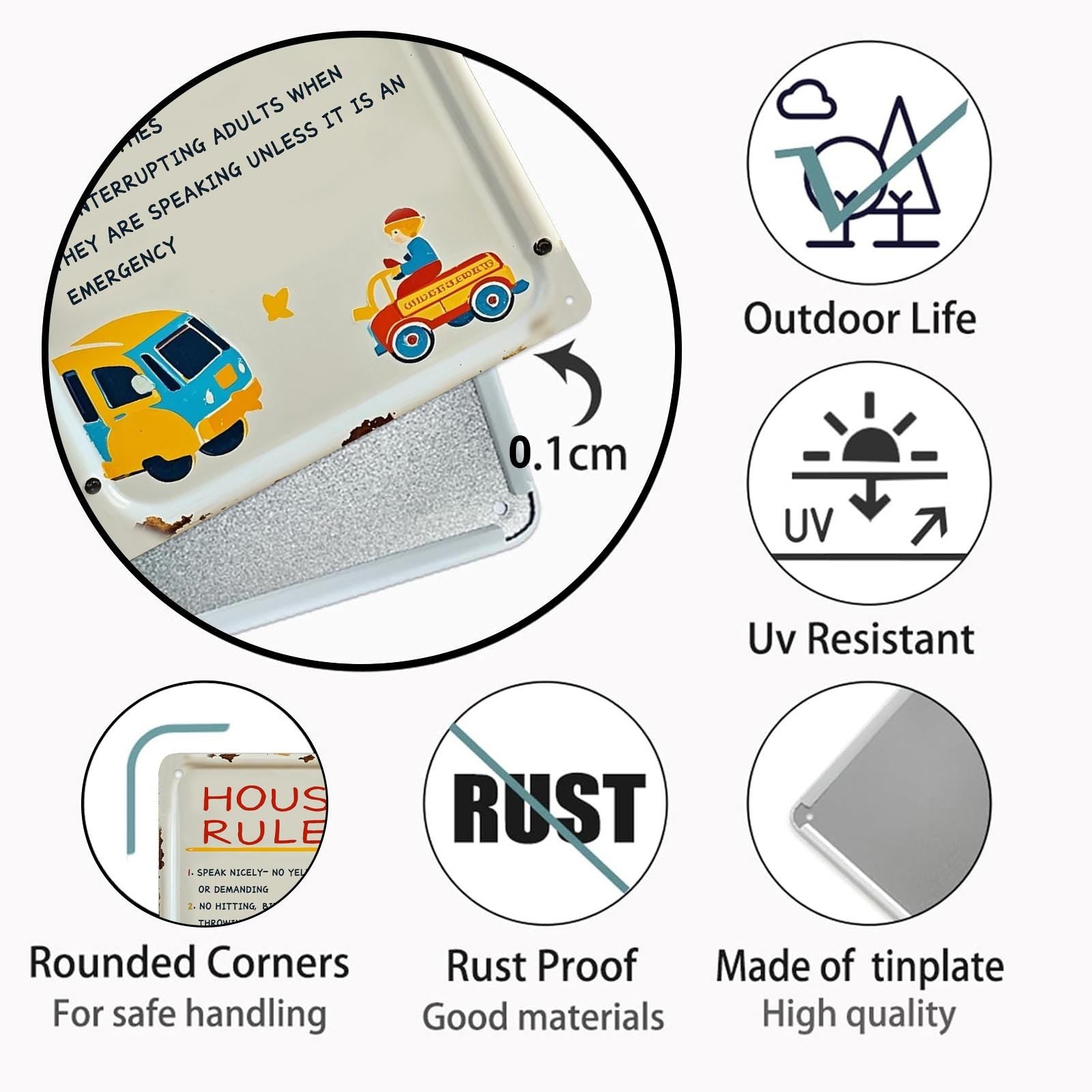 Cartoon Style House Rules Metal Sign: Kids Room Decor
