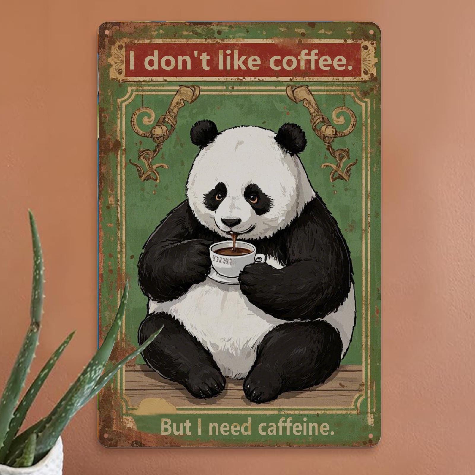 Panda with Coffee Metal Sign: Funny Vintage Cafe Bar Wall Decor