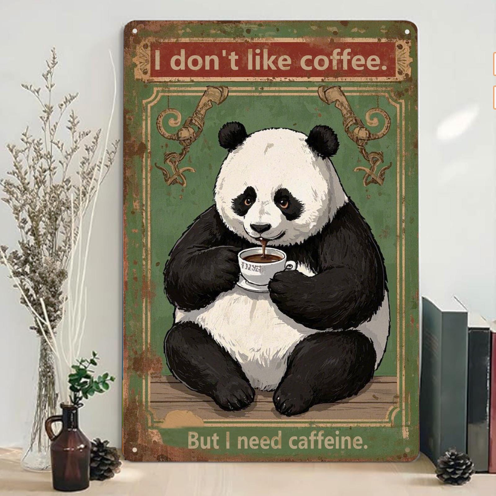 Panda with Coffee Metal Sign: Funny Vintage Cafe Bar Wall Decor
