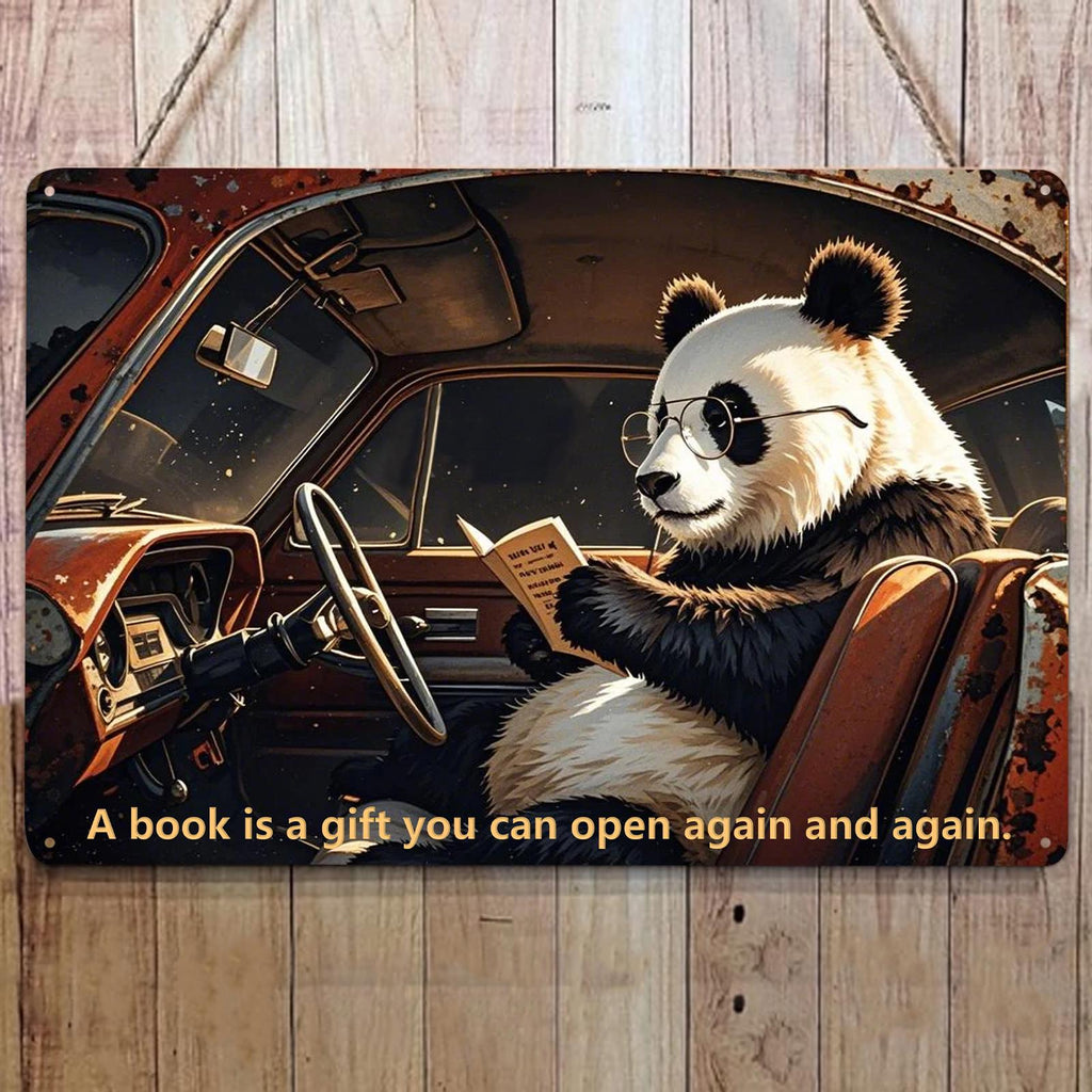 Panda Reading in Car Metal Sign - Vintage Library Wall Art