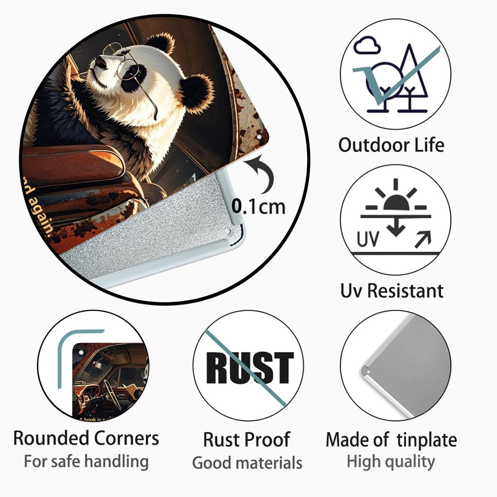 Panda Reading in Car Metal Sign - Vintage Library Wall Art