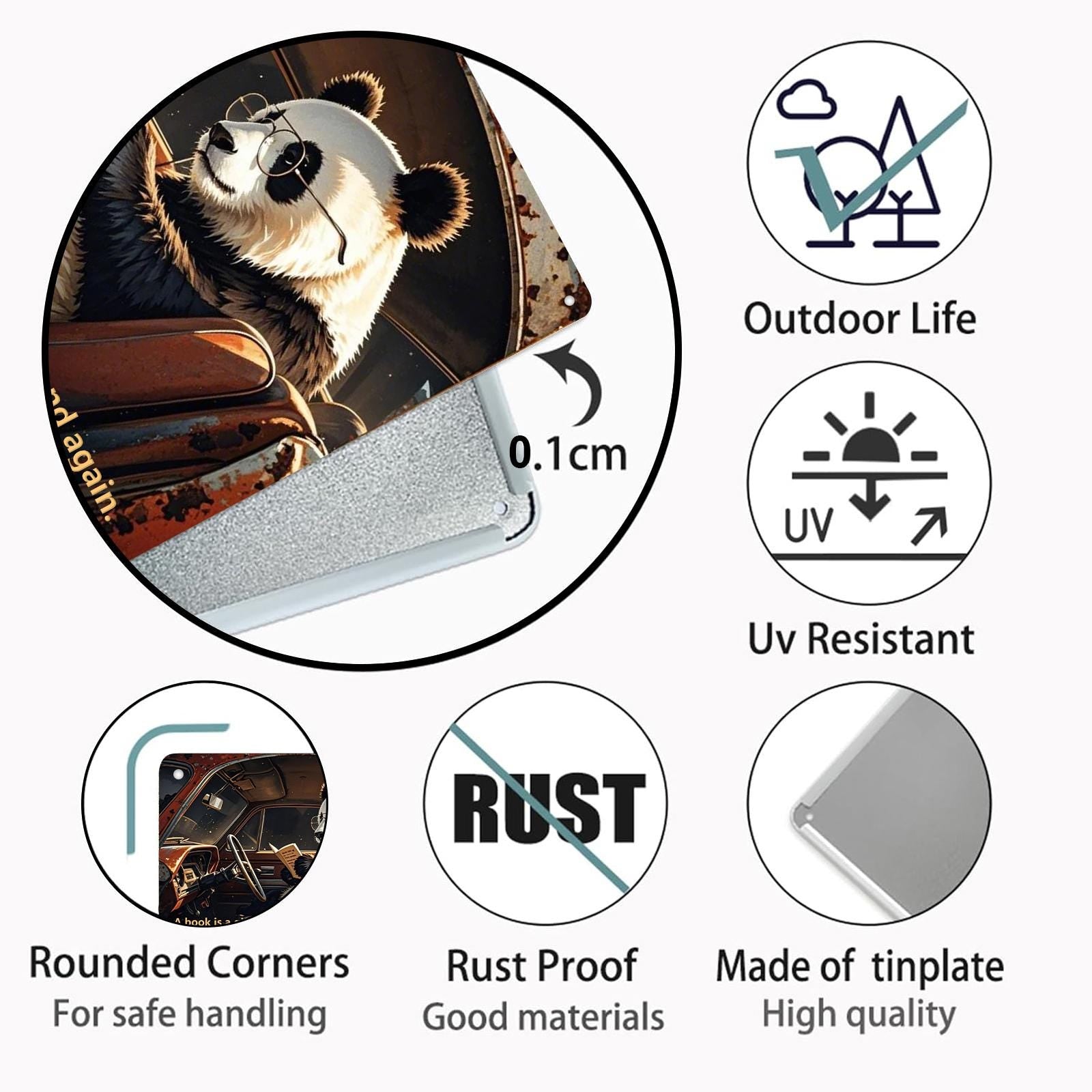 Panda Reading in Car Metal Sign - Vintage Library Wall Art