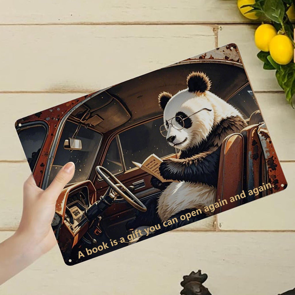 Panda Reading in Car Metal Sign - Vintage Library Wall Art