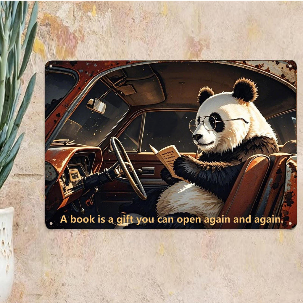 Panda Reading in Car Metal Sign - Vintage Library Wall Art