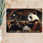 Panda liest im Auto Metallschild | Vintage Bibliotheks Wandkunst