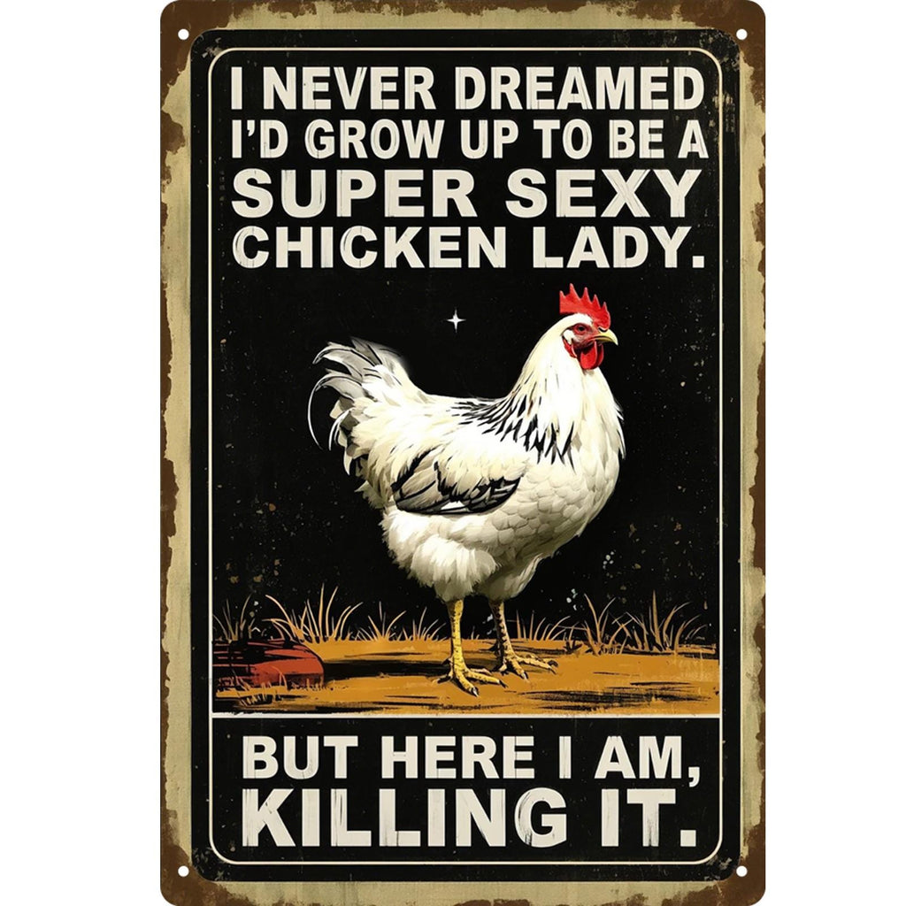 Letrero de metal divertido de "Funny Chicken Lady" | Decoración de pared retro de casa de campo