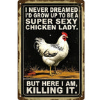 Letrero de metal divertido de "Funny Chicken Lady" | Decoración de pared retro de casa de campo