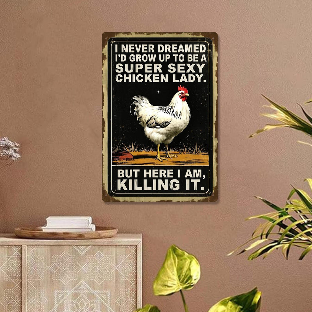 Letrero de metal divertido de "Funny Chicken Lady" | Decoración de pared retro de casa de campo