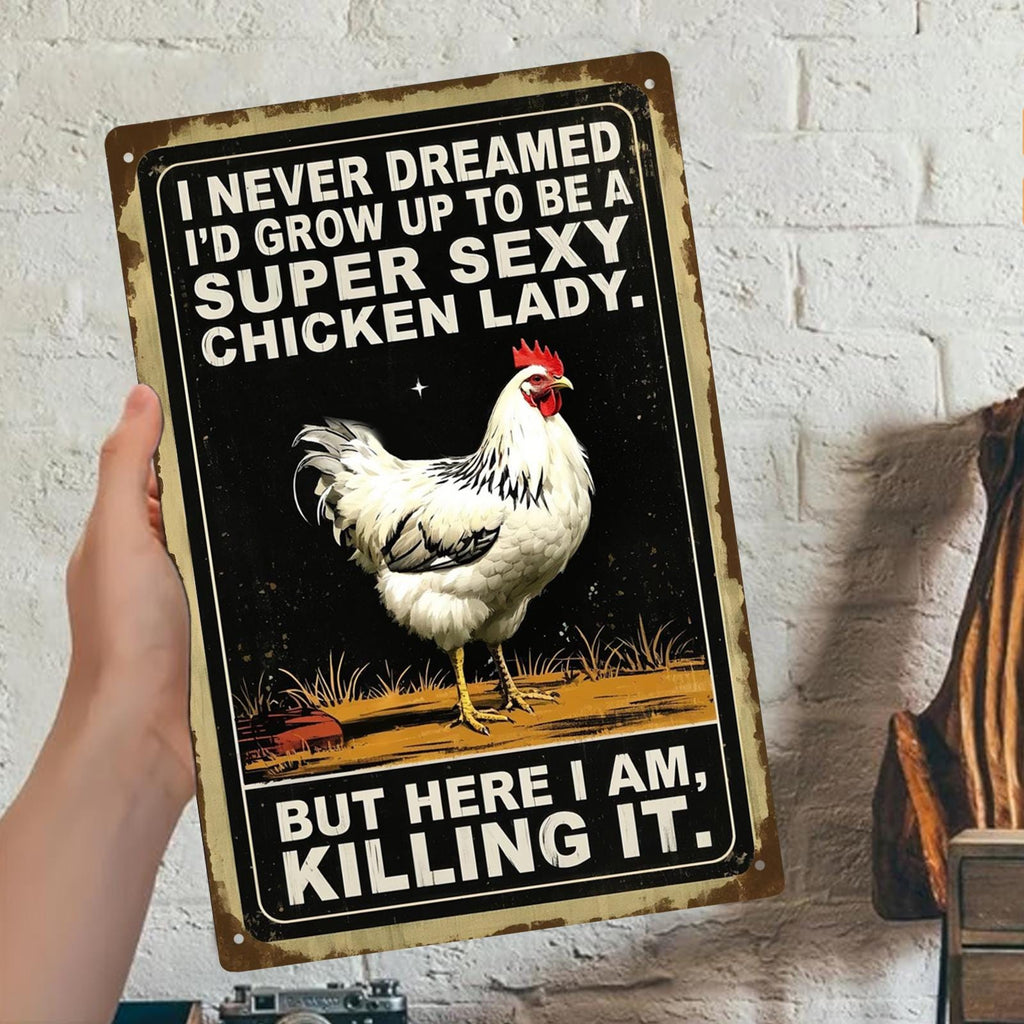 Letrero de metal divertido de "Funny Chicken Lady" | Decoración de pared retro de casa de campo