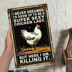 Letrero de metal divertido de "Funny Chicken Lady" | Decoración de pared retro de casa de campo