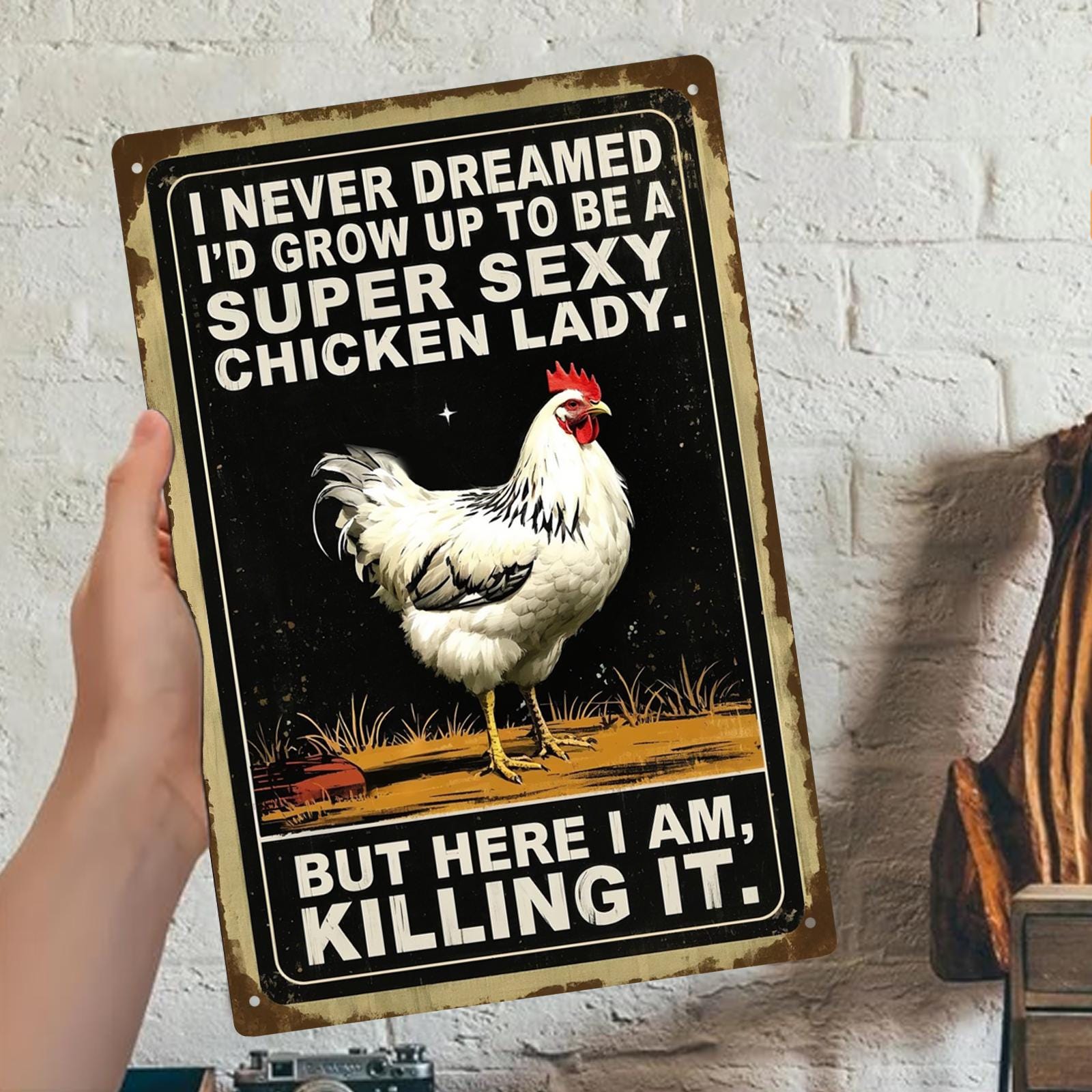 Funny Chicken Lady Metal Sign: Farmhouse Retro Wall Decor