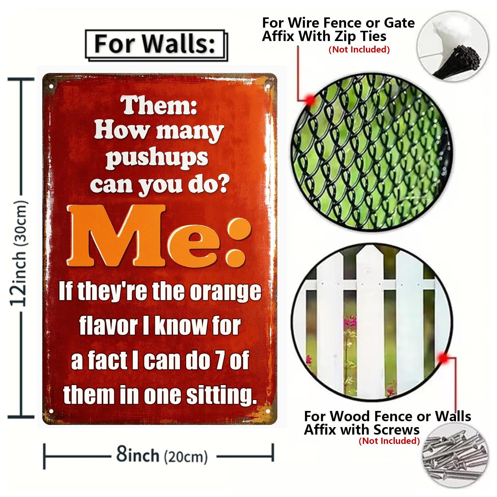 Vintage Gym Humor Metal Sign: Orange Pushups, Retro Office Decor