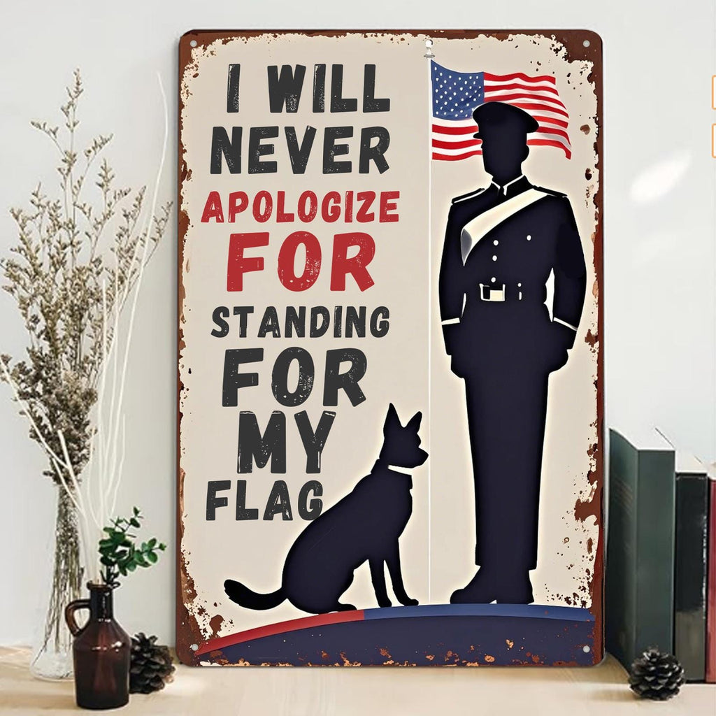 Patriotic Metal Sign: Military Soldier, Dog & American Flag - USA Pride
