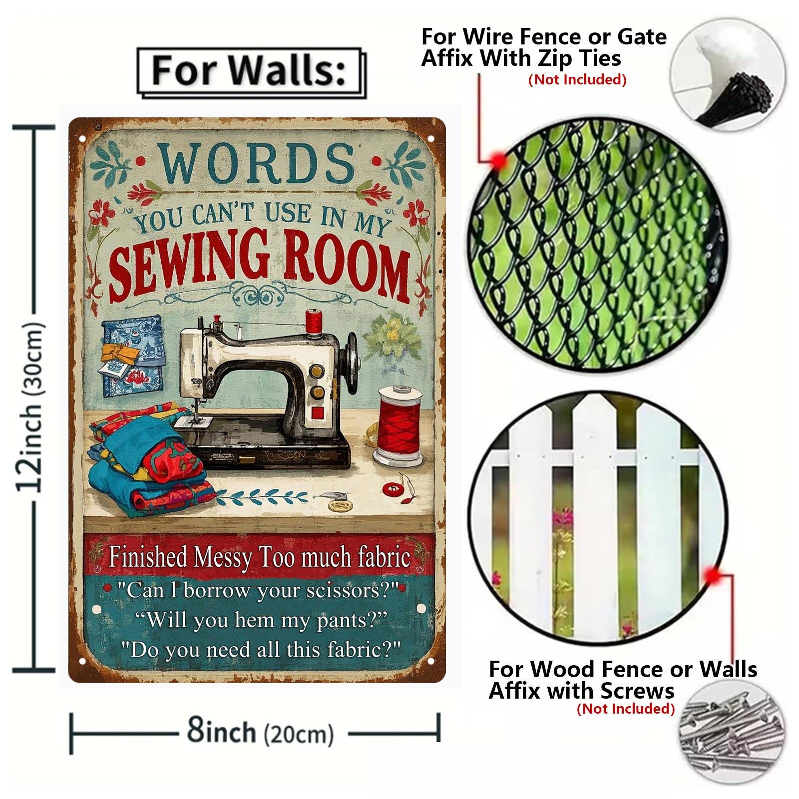Funny Sewing Room Metal Sign: Words You Can't Use - Vintage Style Wall Art