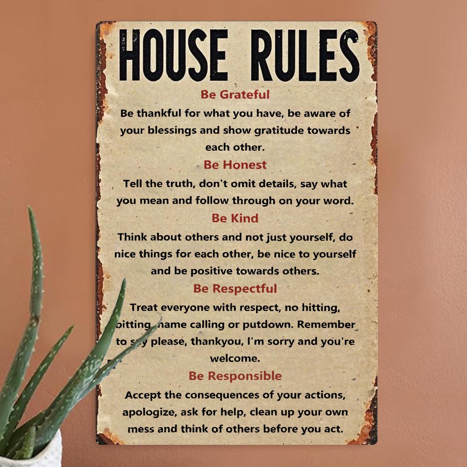 Vintage Style House Rules Metal Sign: Inspirational Home Decor