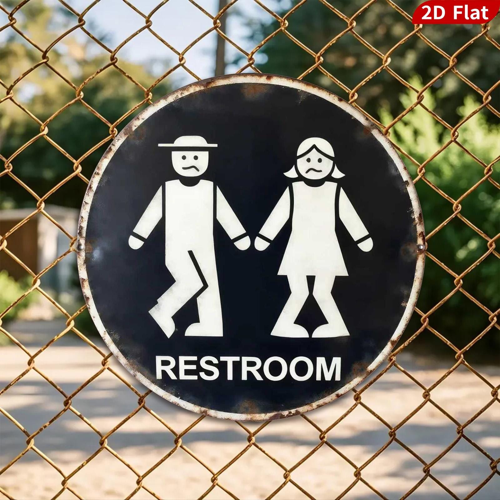 Retro Restroom Sign: Round Metal Tin, Vintage Style - 8x8