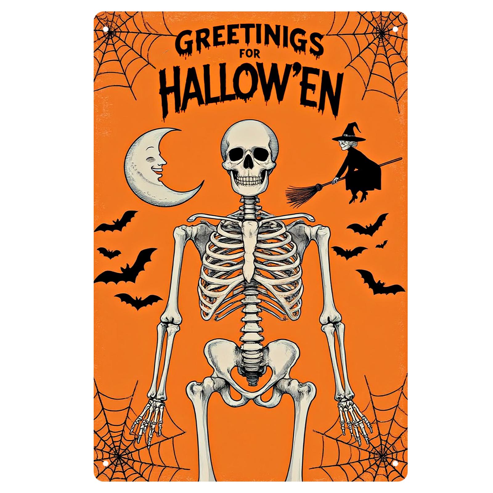 Vintage Halloween Metal Sign: Witch, Bat, Spider Web Decor