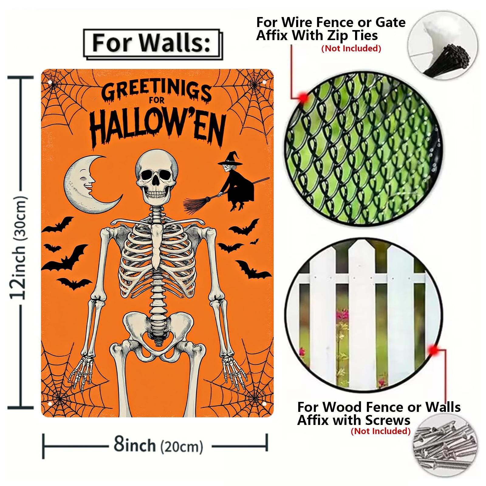 Vintage Halloween Metal Sign: Witch, Bat, Spider Web Decor