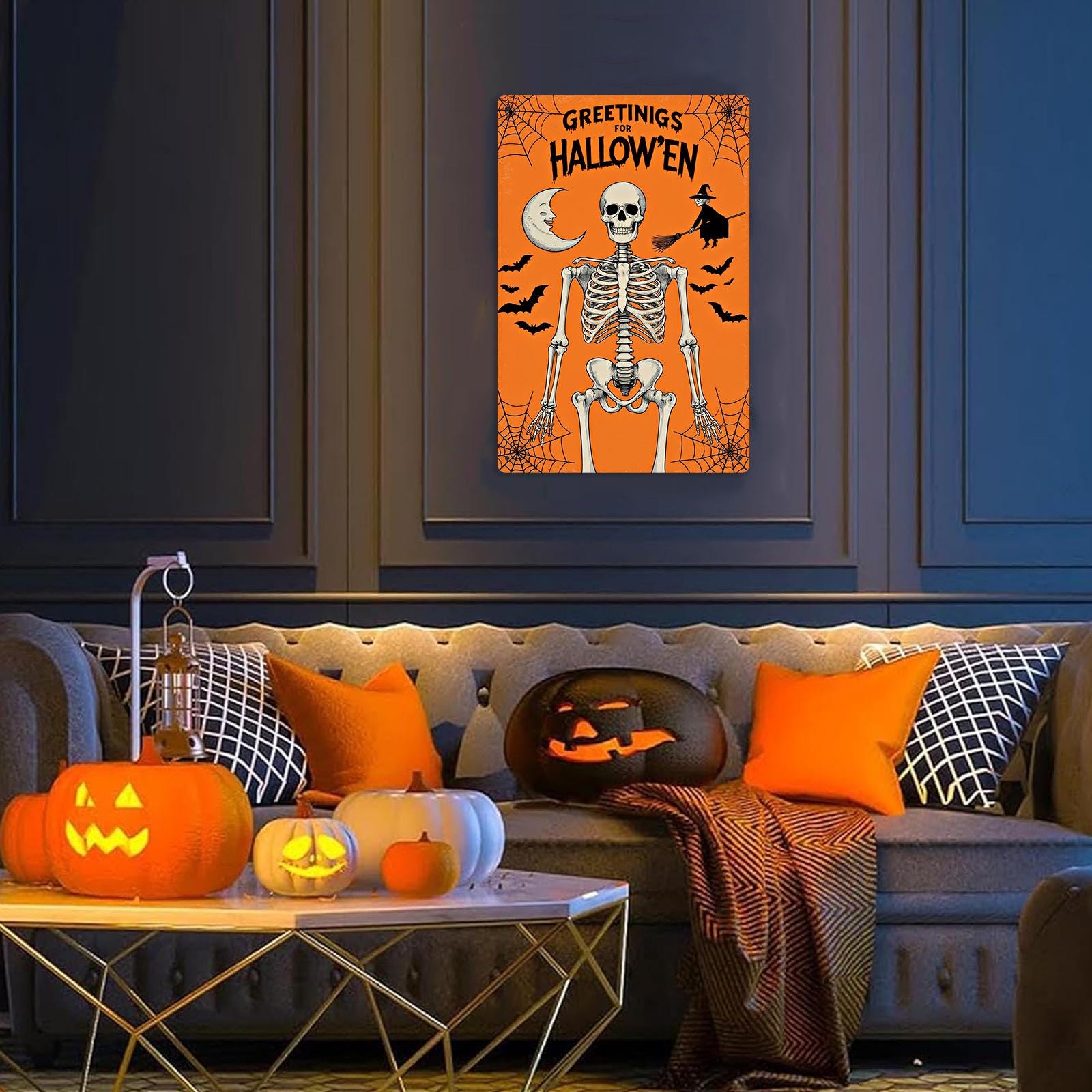 Vintage Halloween Metal Sign: Witch, Bat, Spider Web Decor