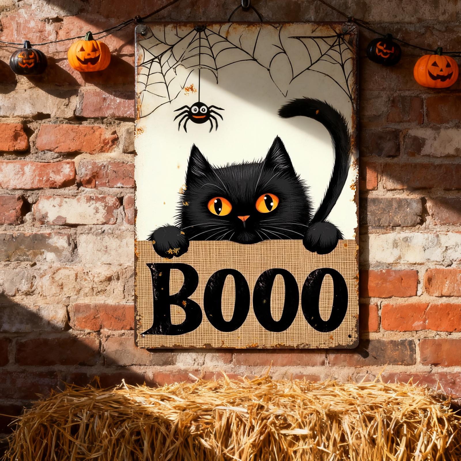 Vintage Halloween Metal Sign: Black Cat, Spider Web, Retro BOO Decor