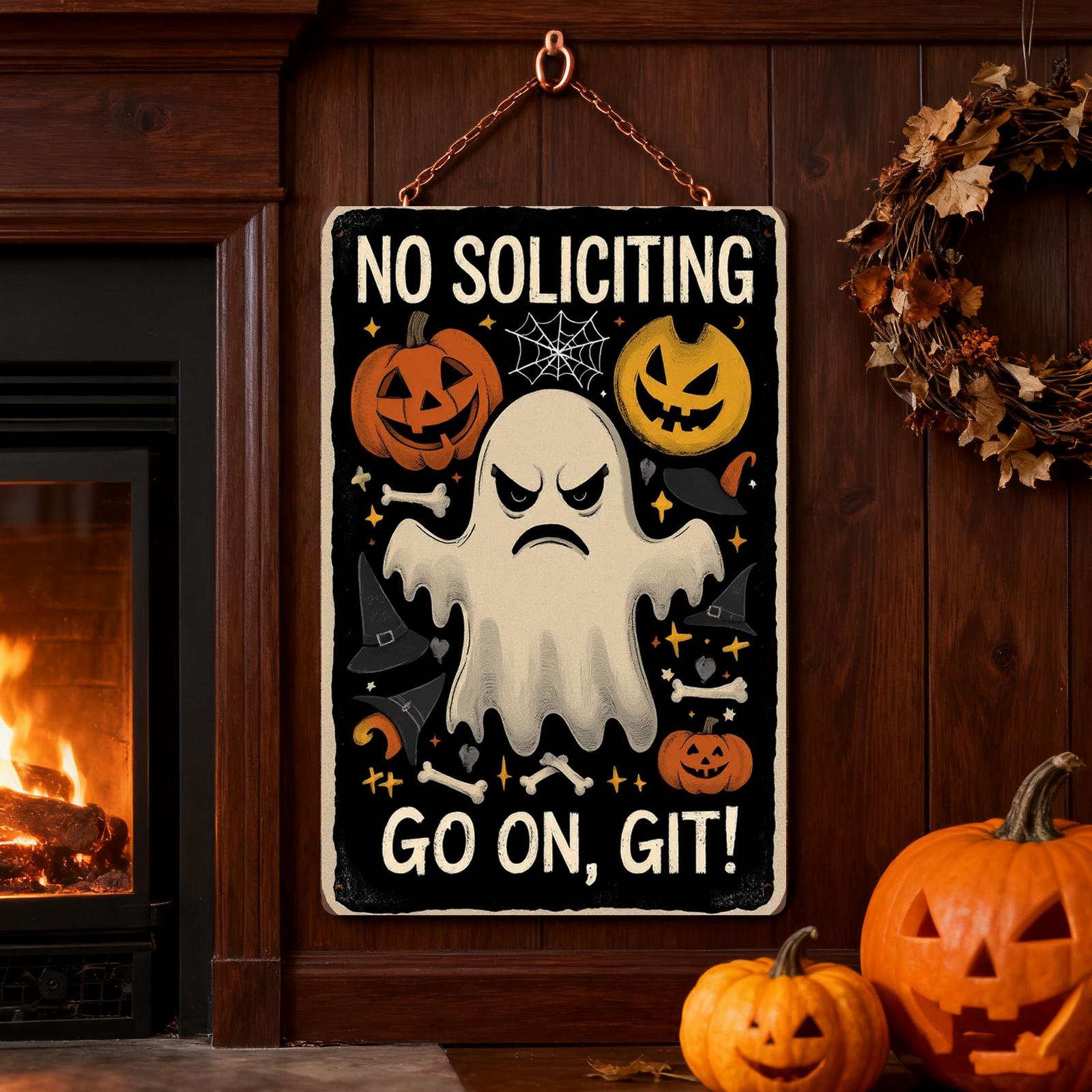 Funny Halloween Ghost Metal Sign: 'Go On, Git!' Porch Decor