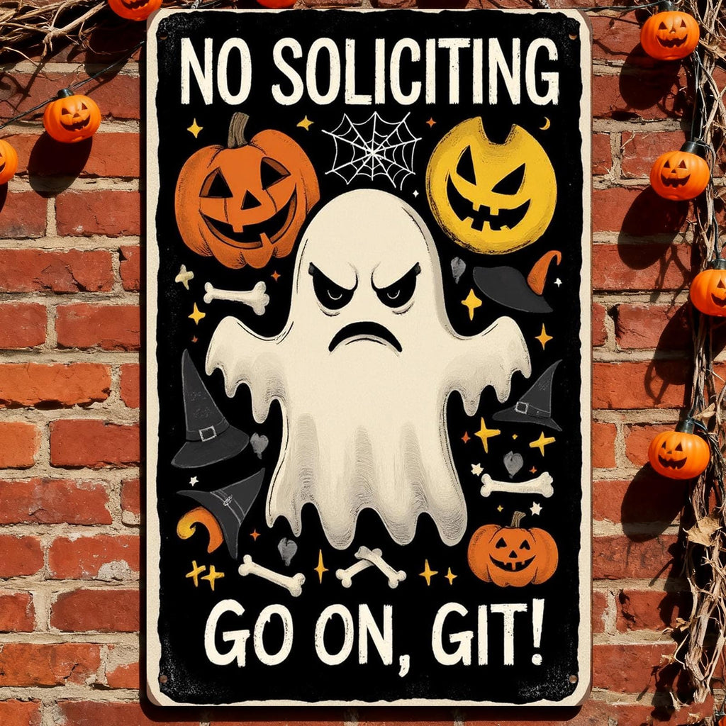 Funny Halloween Ghost Metal Sign: 'Go On, Git!' Porch Decor