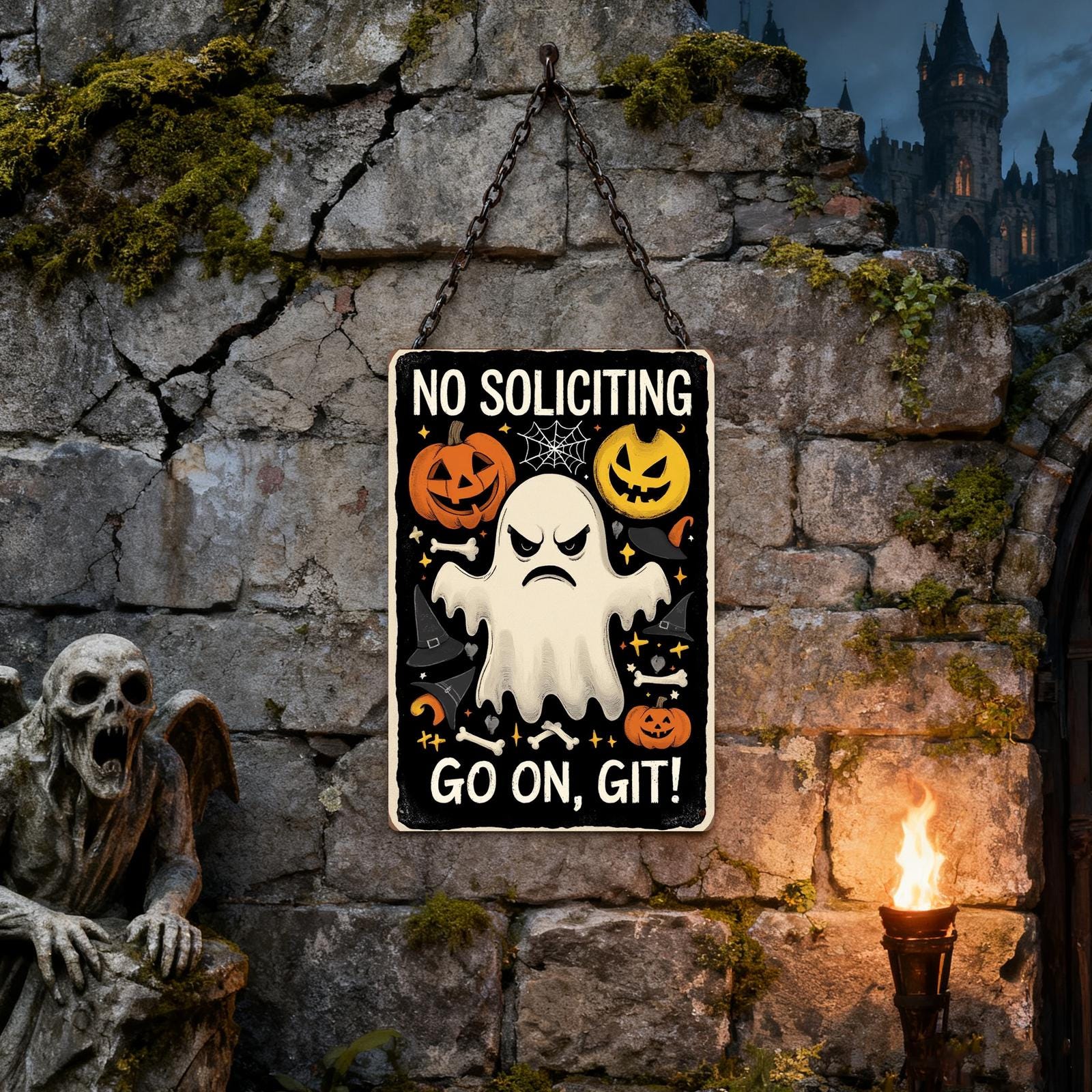 Funny Halloween Ghost Metal Sign: 'Go On, Git!' Porch Decor