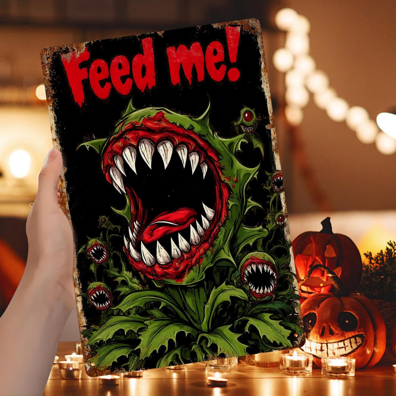 Carnivorous Plant Metal Sign: Vintage Horror Sci-Fi Wall Art