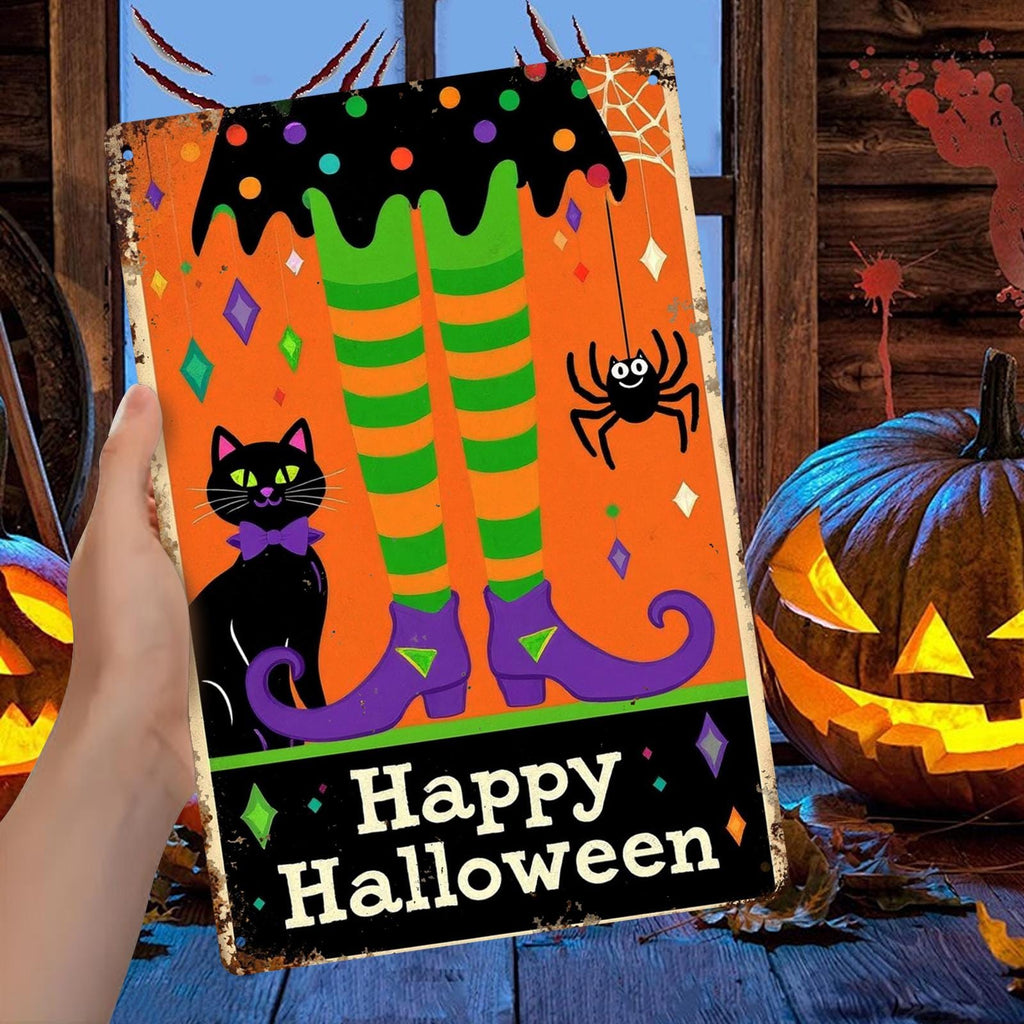Halloween Witch Legs Metal Sign: Black Cat, Spider, Retro Porch Decor