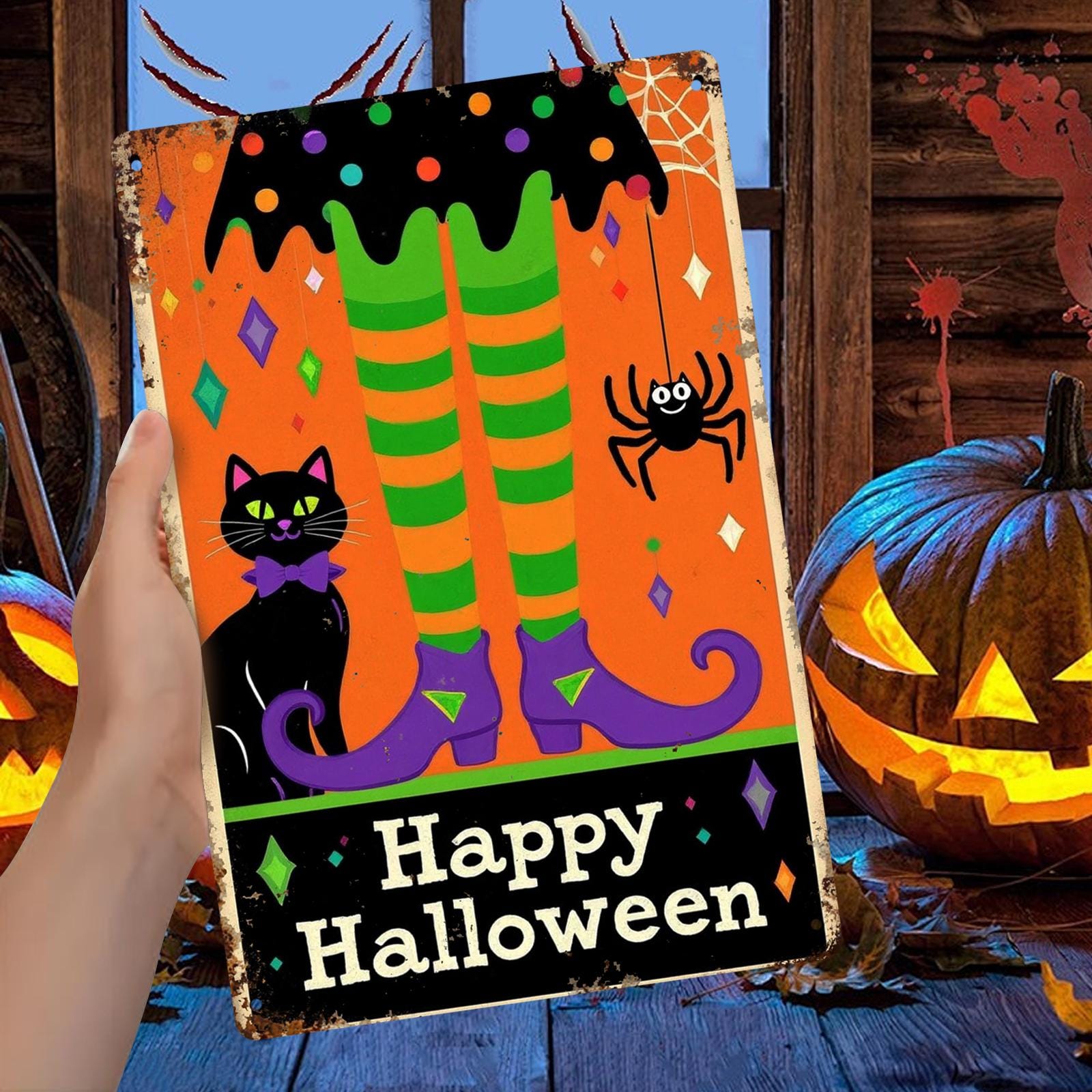 Halloween Witch Legs Metal Sign: Black Cat, Spider, Retro Porch Decor