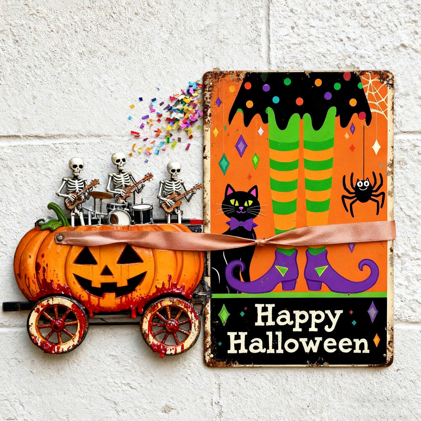 Halloween Witch Legs Metal Sign: Black Cat, Spider, Retro Porch Decor