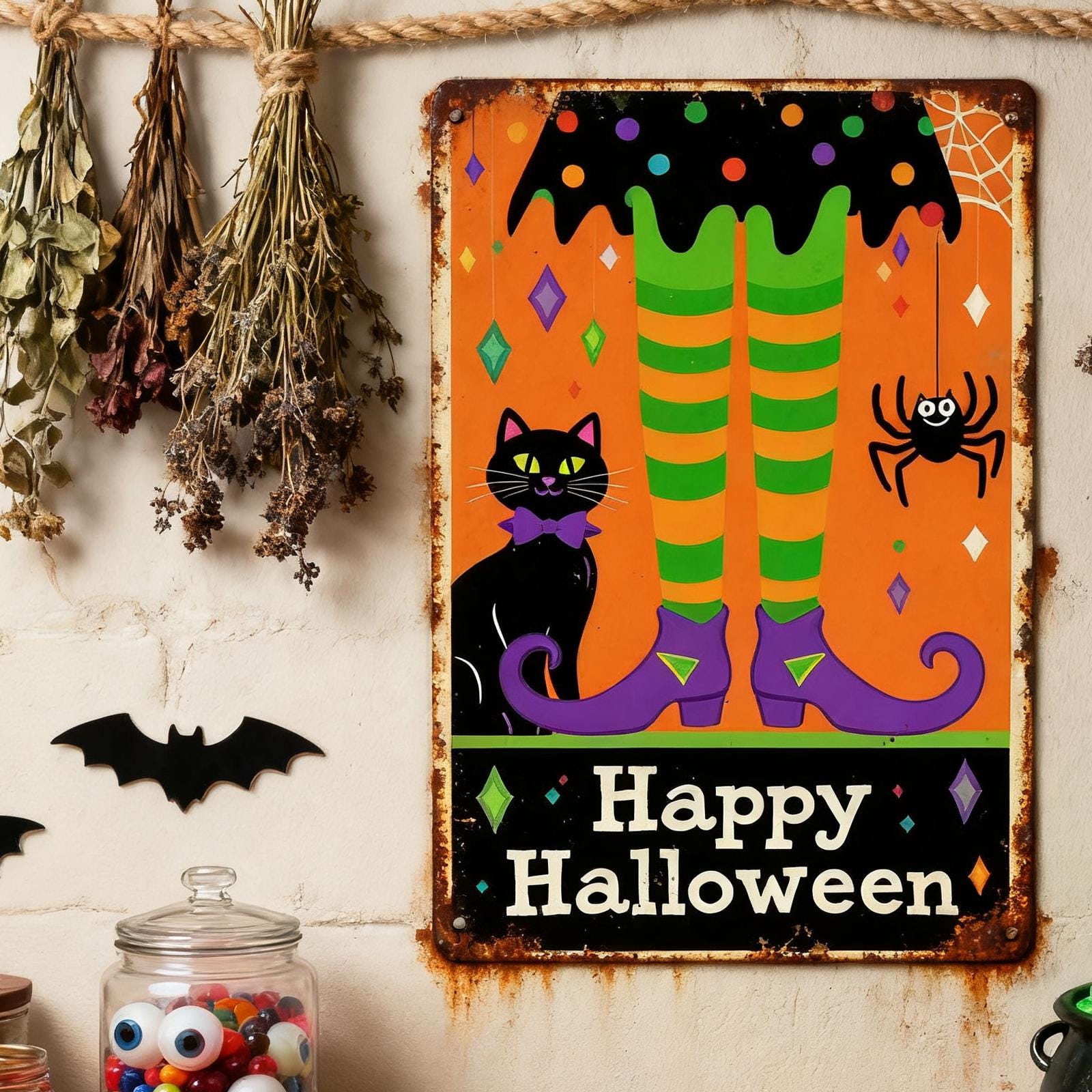 Halloween Witch Legs Metal Sign: Black Cat, Spider, Retro Porch Decor