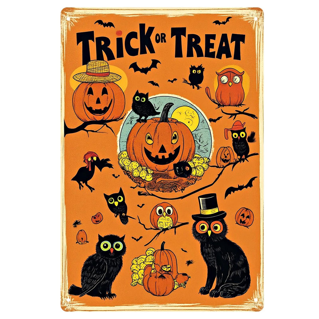 Blechschild "Süßes oder Saures" | Vintage Halloween Eulen & Kürbisse Retro Veranda-Wanddeko