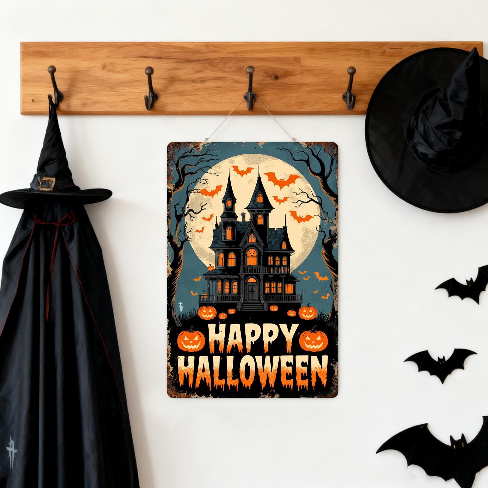 Happy Halloween Haunted House Metal Sign - Spooky Mansion & Pumpkins Porch Decor, Vintage Wall Art