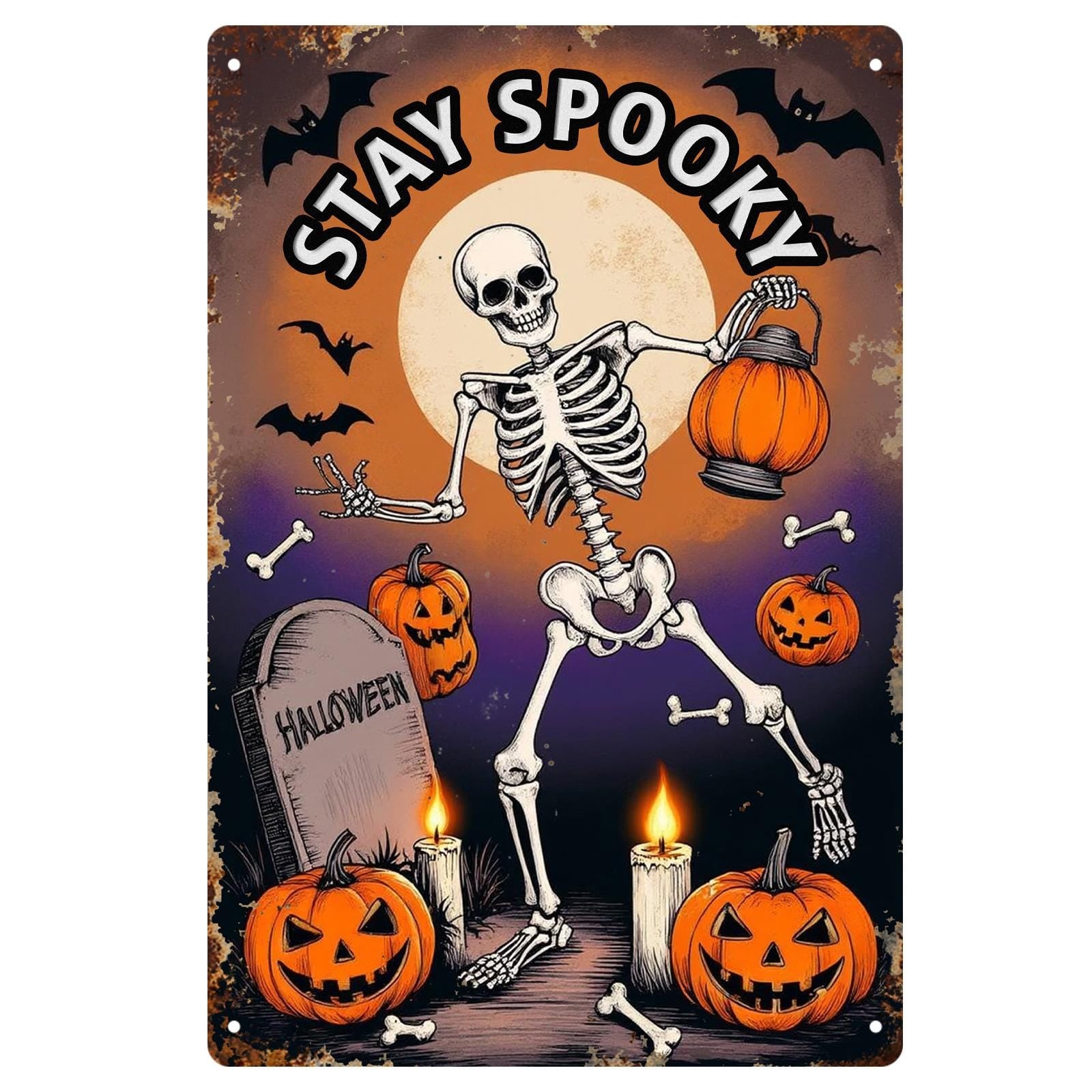 Stay Spooky Skeleton Metal Sign - Halloween Pumpkin Lantern Porch Decor, Vintage Spooky Wall Art